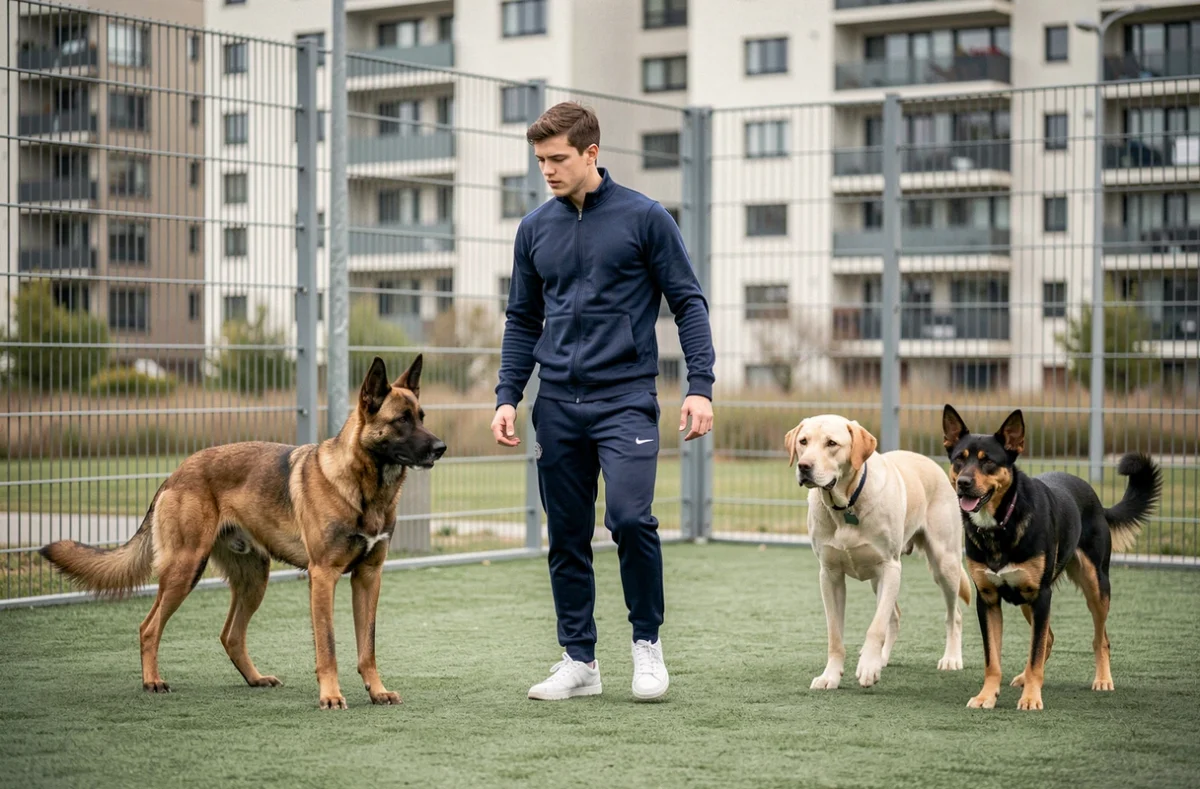 Un éducateur canin lors d'une session de dressage avec des chiens chez Actuel Dogs à Vincennes