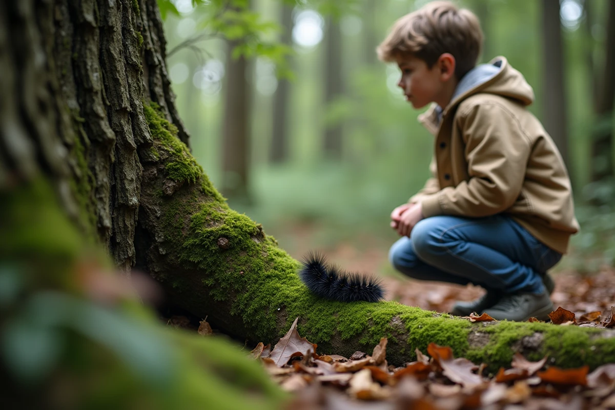 Adolescent regardant une chenille noire dans la forêt