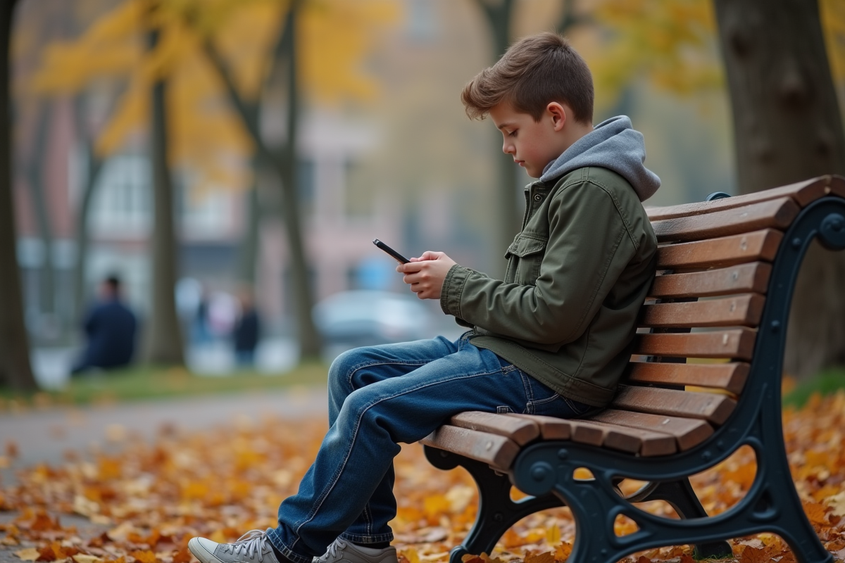 Adolescent sur un banc de parc en automne regardant son smartphone