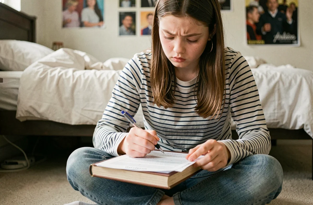 Adolescente concentrée en train de remplir une grille de Petit Bac posée sur un livre, assise sur le sol de sa chambre