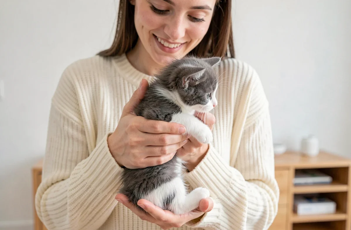 Jeune femme tenant tendrement un chaton gris et blanc de 3 mois dans ses bras dans un appartement à Rennes