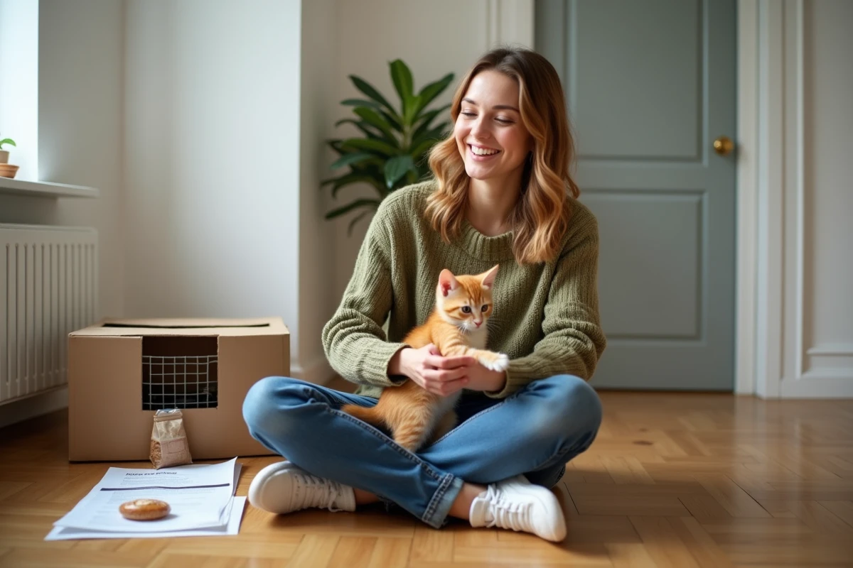 Jeune femme accueillant un chaton roux lors d'une adoption à domicile près de Toulon