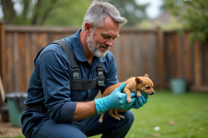 Agent animal control manipulant un petit animal dans un jardin