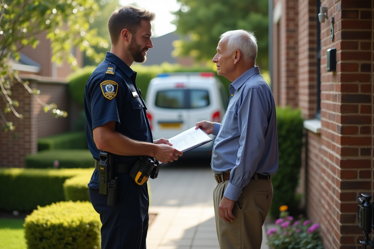 Agent de contrôle animal parlant avec un homme âgé devant une maison