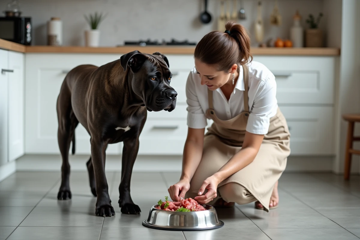 Femme préparant un repas équilibré pour un Cane Corso adulte à côté d'un bol en inox dans une cuisine moderne