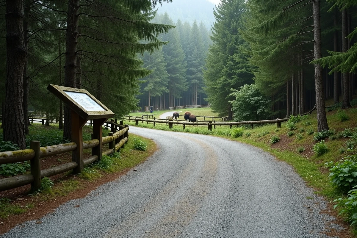 Allée déserte et boisée d'un parc animalier en Savoie avec des bisons européens au loin, ambiance calme et nature