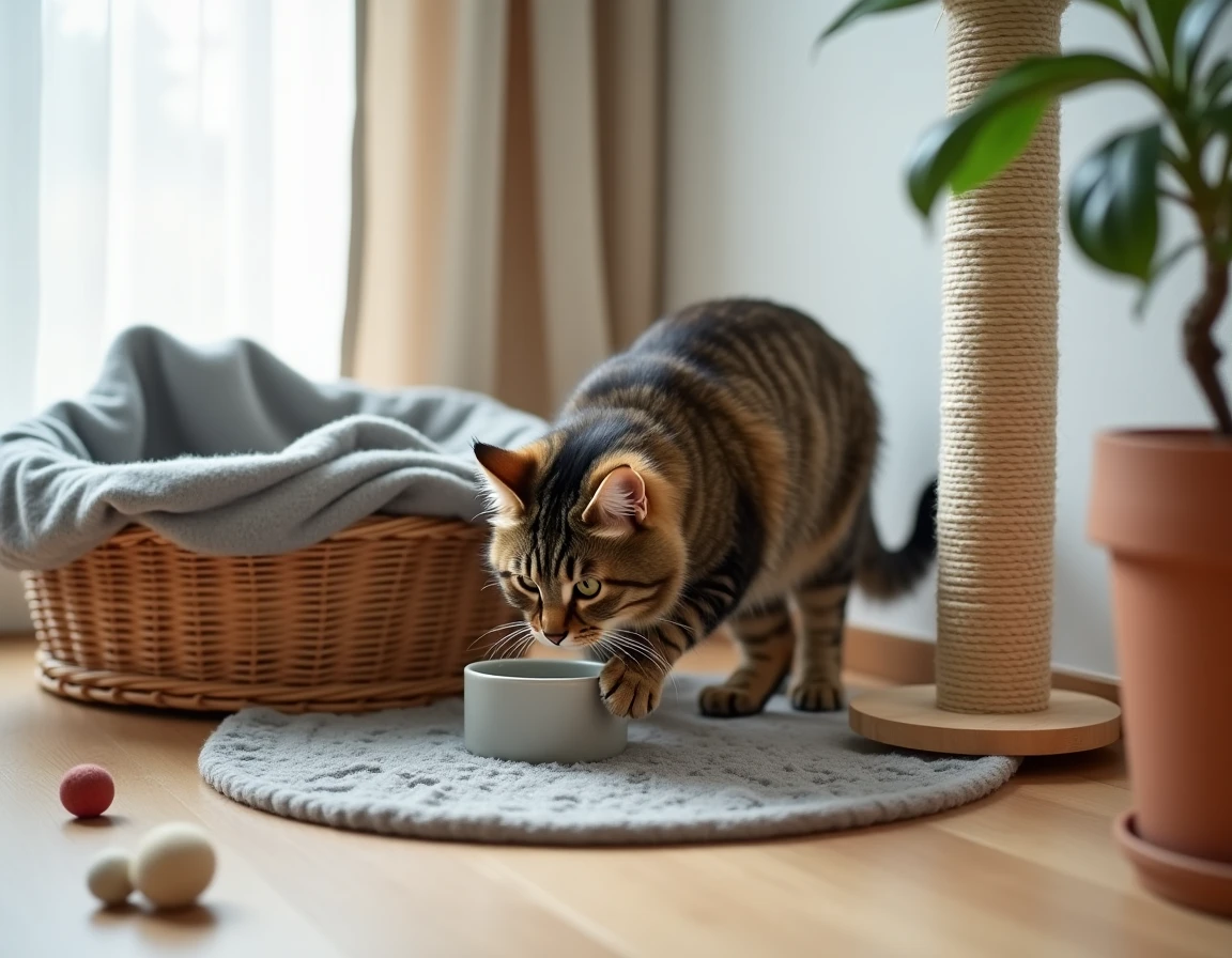 Coin d'accueil aménagé pour l'arrivée d'un chat Highlander avec panier, jouets et griffoir dans un salon scandinave