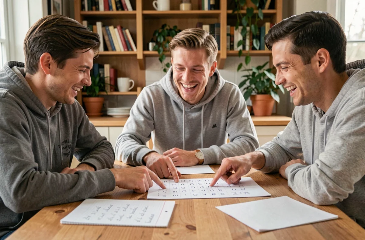 Groupe d'amis jouant au Petit Bac autour d'une table en bois, feuilles de papier avec des lettres manuscrites visibles