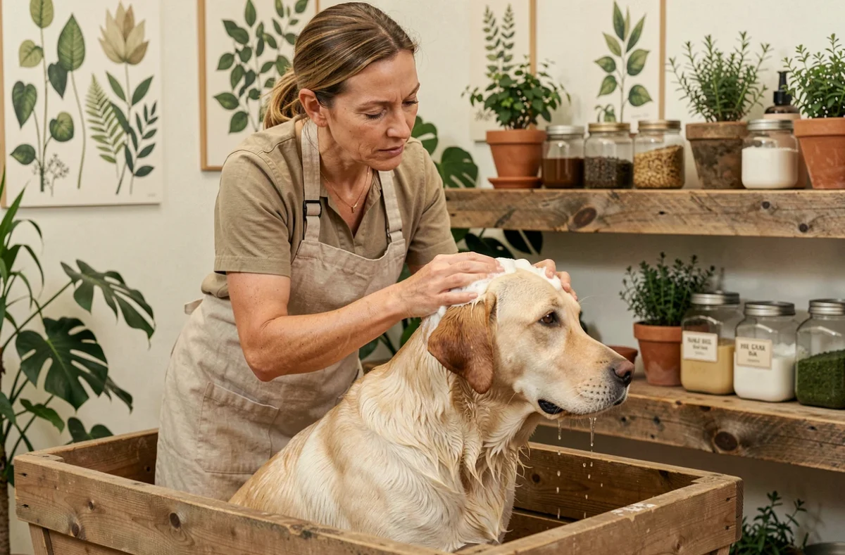 Toiletteuse appliquant un shampoing bio sur un labrador dans le salon écologique Ange Ailes Toilettage Bio dans le Cher