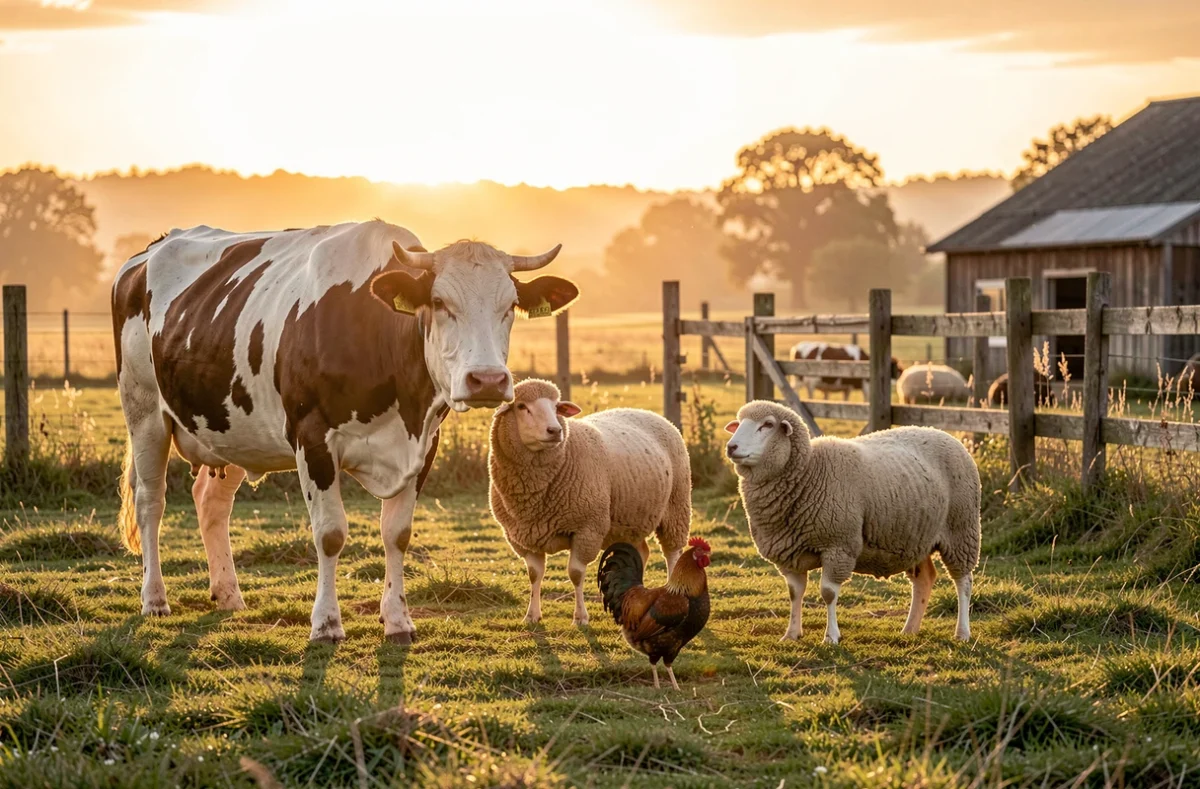 Animaux de la ferme au lever du jour dans une cour