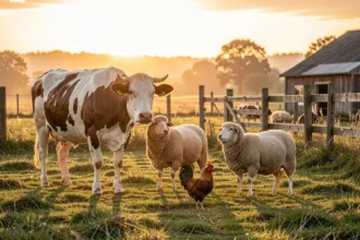 Animaux de la ferme au lever du jour dans une cour
