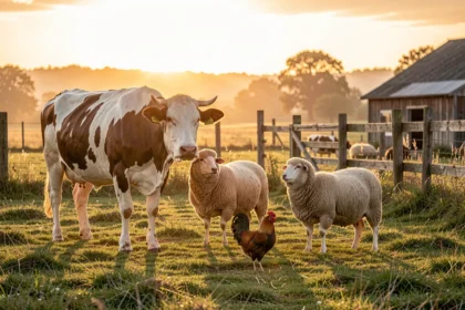 Animaux de la ferme au lever du jour dans une cour