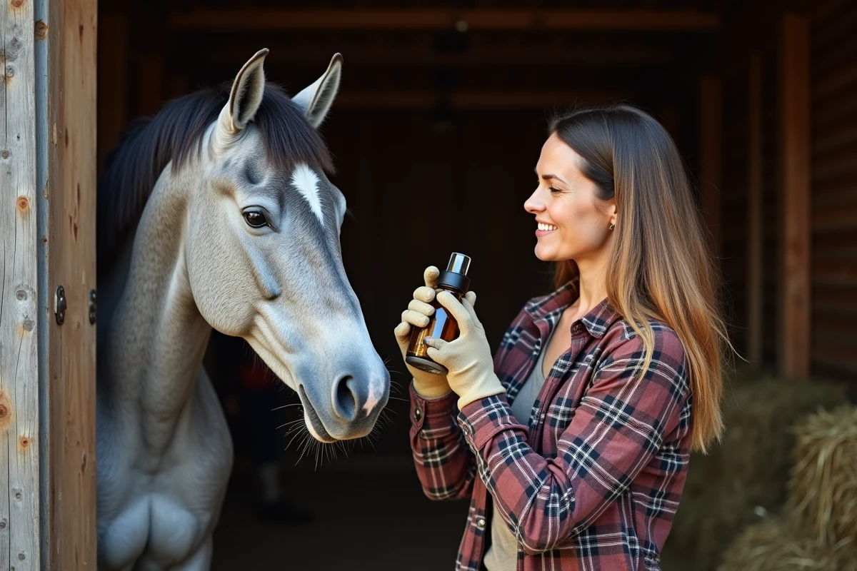 Femme appliquant un répulsif anti-mouches maison en spray sur l'encolure d'un cheval gris dans une écurie rustique