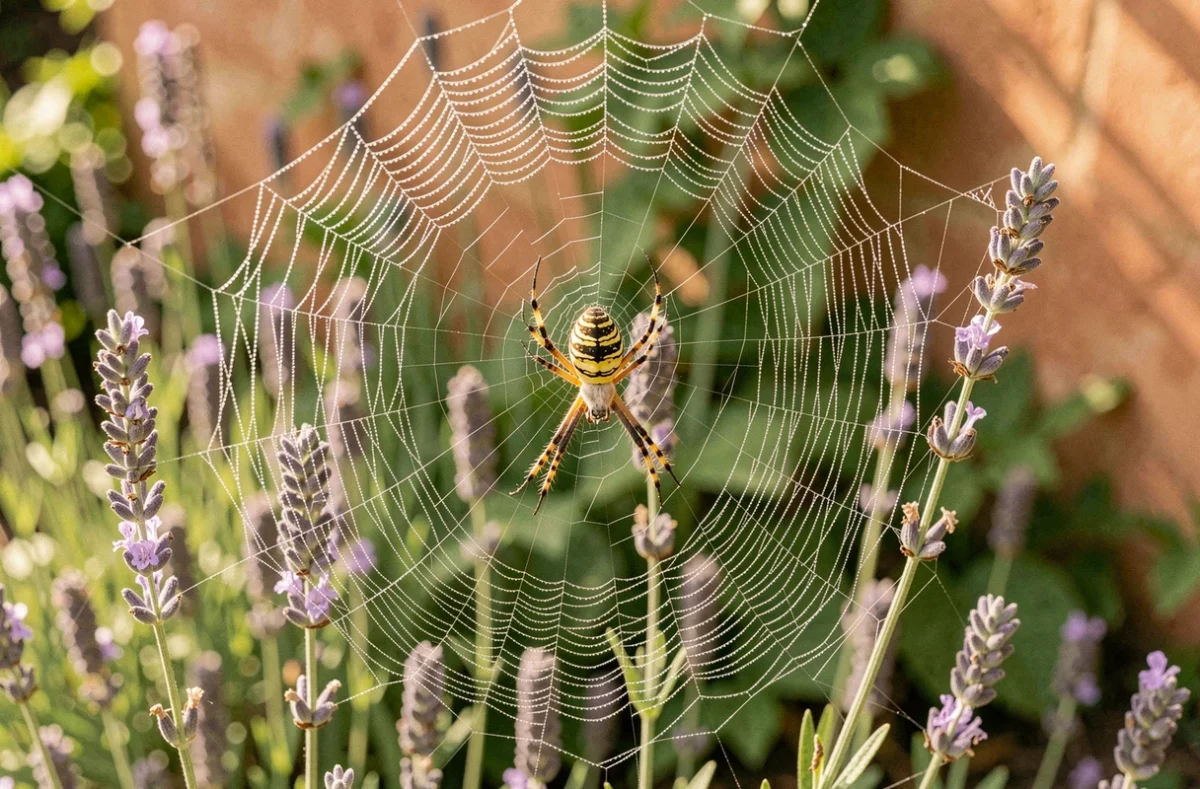 Araignée épeire fasciée au centre de sa toile couverte de rosée dans un jardin du sud de la France