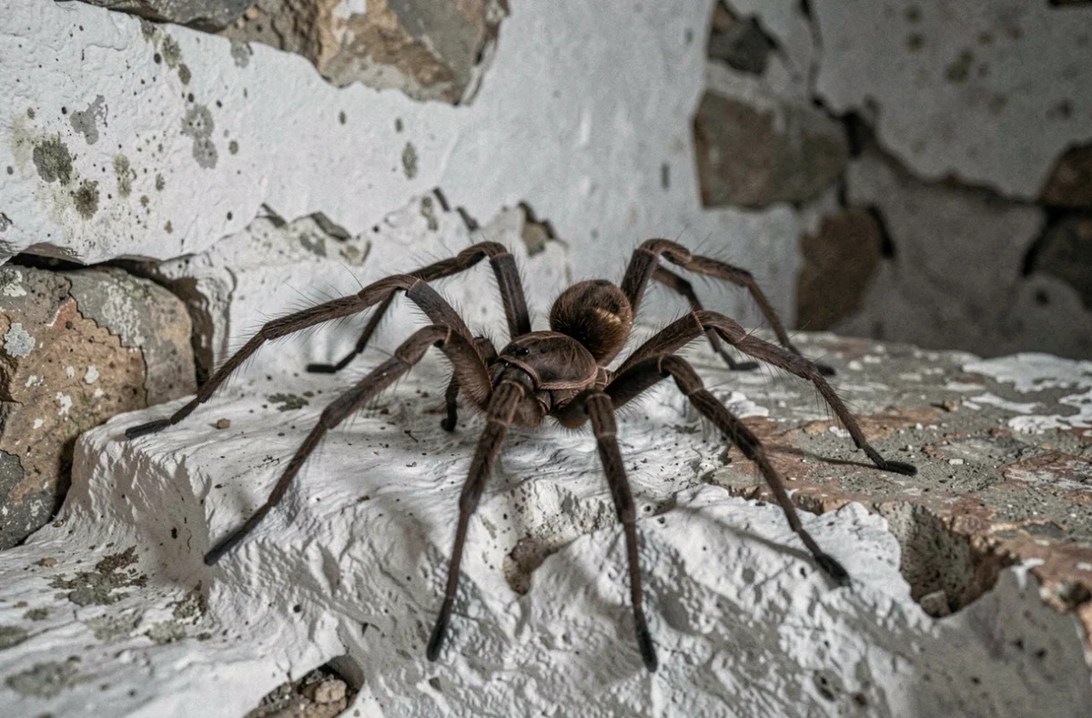 Araignée loxoscèle recluse sur un mur en pierre d'une cave de maison ancienne dans le sud de la France