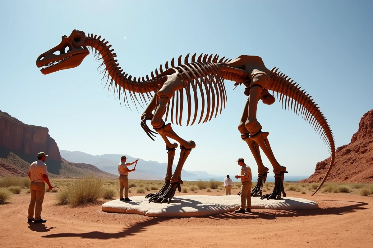Reconstitution squelettique partielle d'un Argentinosaurus sur un site de fouille en Patagonie avec des chercheurs mesurant les vertèbres géantes