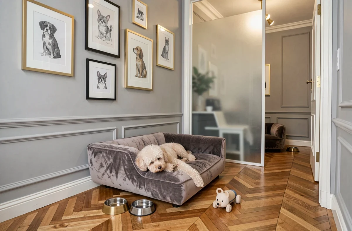 Un caniche miniature se reposant dans une suite luxueuse de l'Aristide Hôtel, pension pour animaux à Paris