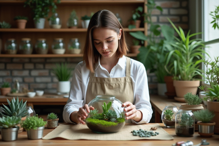 atelier-terrarium-femme Jeune femme créant un terrarium dans un atelier parisien