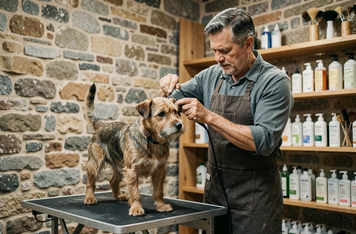 Toiletteur utilisant des tondeuses professionnelles sur un terrier dans le salon Au Terrier à Blois, Loir-et-Cher