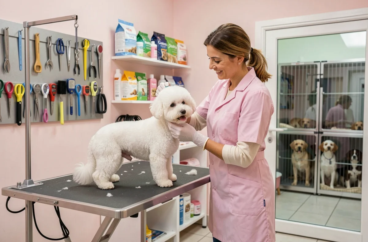 Une toiletteuse prenant soin d'un bichon frisé dans le salon Au Toutou Shop dans les Yvelines