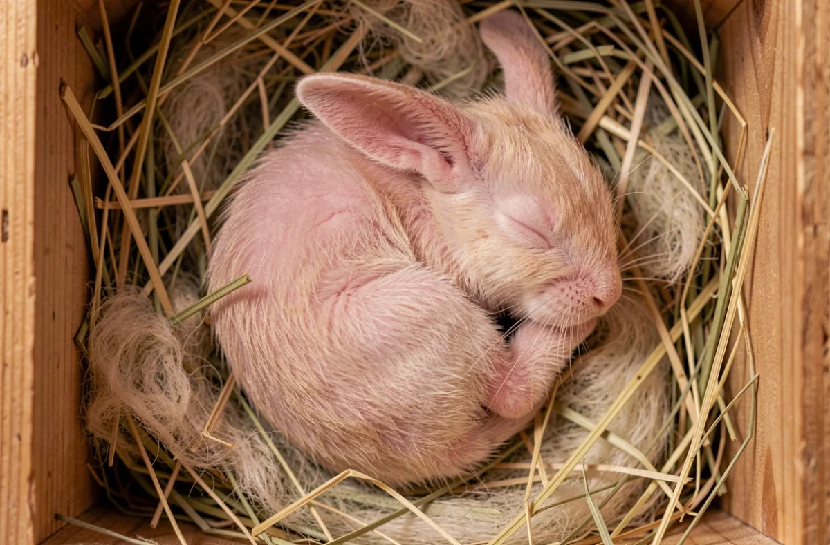 Bébé lapin naissant blotti dans un nid de foin et duvet maternel, photographié en vue de dessus avec détails réalistes