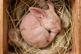 Bébé lapin naissant blotti dans un nid de foin et duvet maternel, photographié en vue de dessus avec détails réalistes