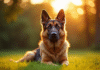 Chien berger allemand assis sur la pelouse lors du golden hour