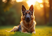 Chien berger allemand assis sur la pelouse lors du golden hour