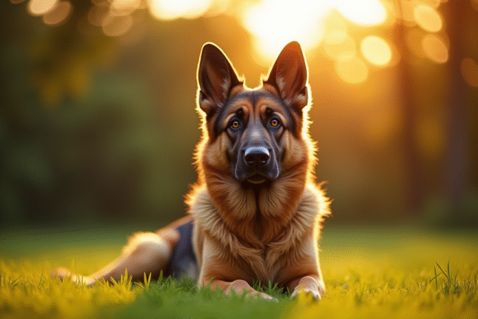 Chien berger allemand assis sur la pelouse lors du golden hour