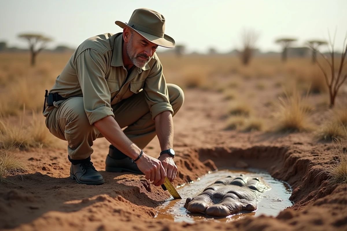 Biologiste étudiant une trace de hippopotame dans la boue