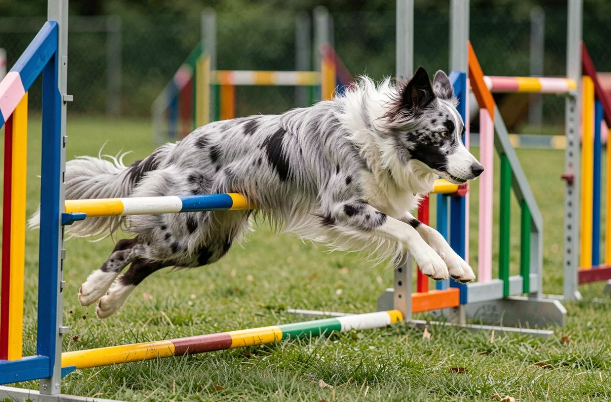 Border Collie Bleu Merle en plein saut lors d'un entraînement d'agility en extérieur