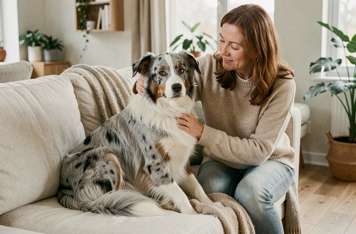 Border Collie Bleu Merle de compagnie posant calmement avec sa propriétaire dans un salon scandinave moderne