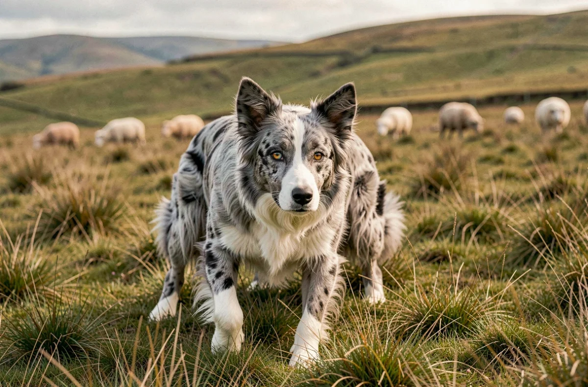 Border Collie Bleu Merle en position de travail sur une colline écossaise surveillant un troupeau de moutons