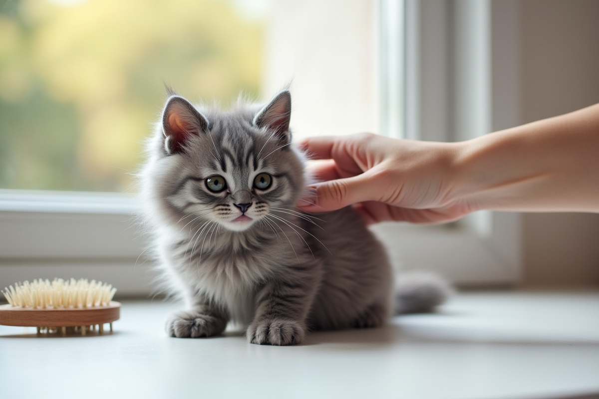 Chaton angora gris being brosse par une main