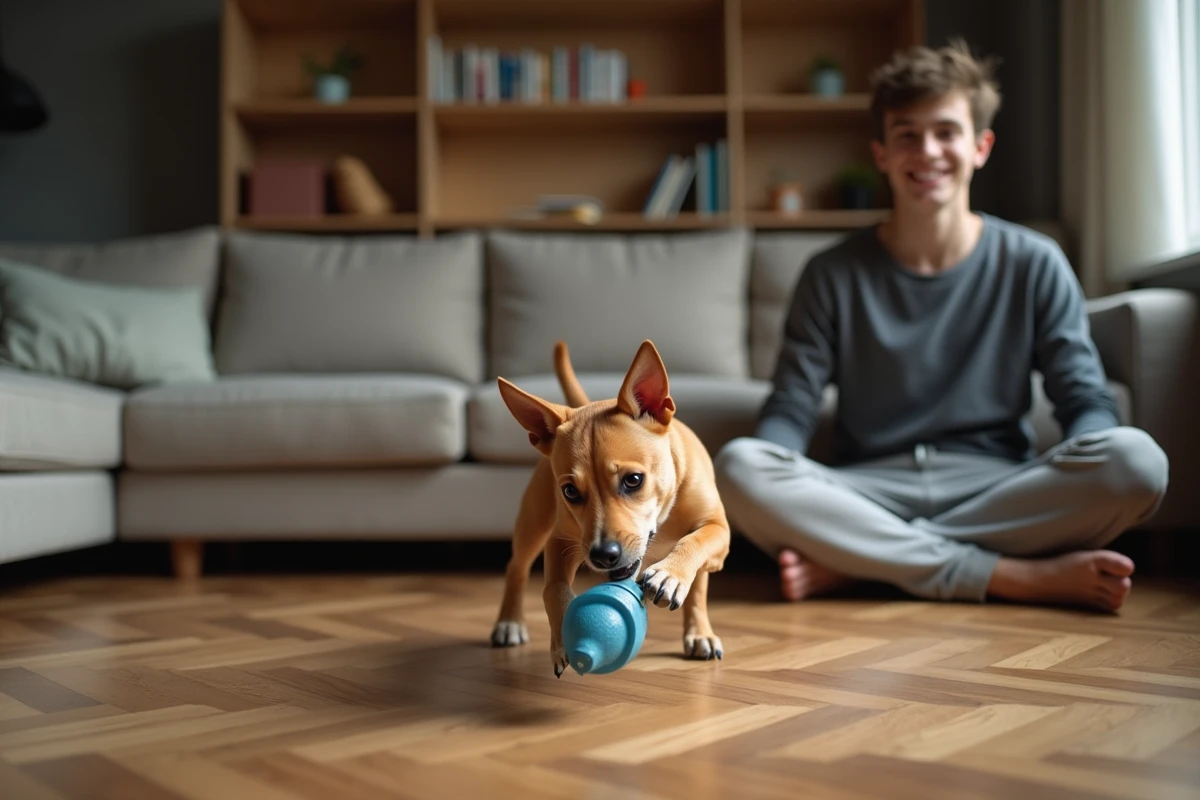 Bullying Pocket jouant avec un jouet en caoutchouc dans un salon cosy, démontrant son caractère joueur et affectueux en intérieur