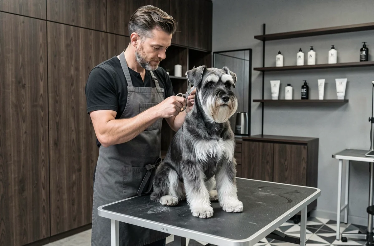 Toiletteur professionnel réalisant une coupe précise sur un Schnauzer dans le salon CabotLook en Centre-Val de Loire