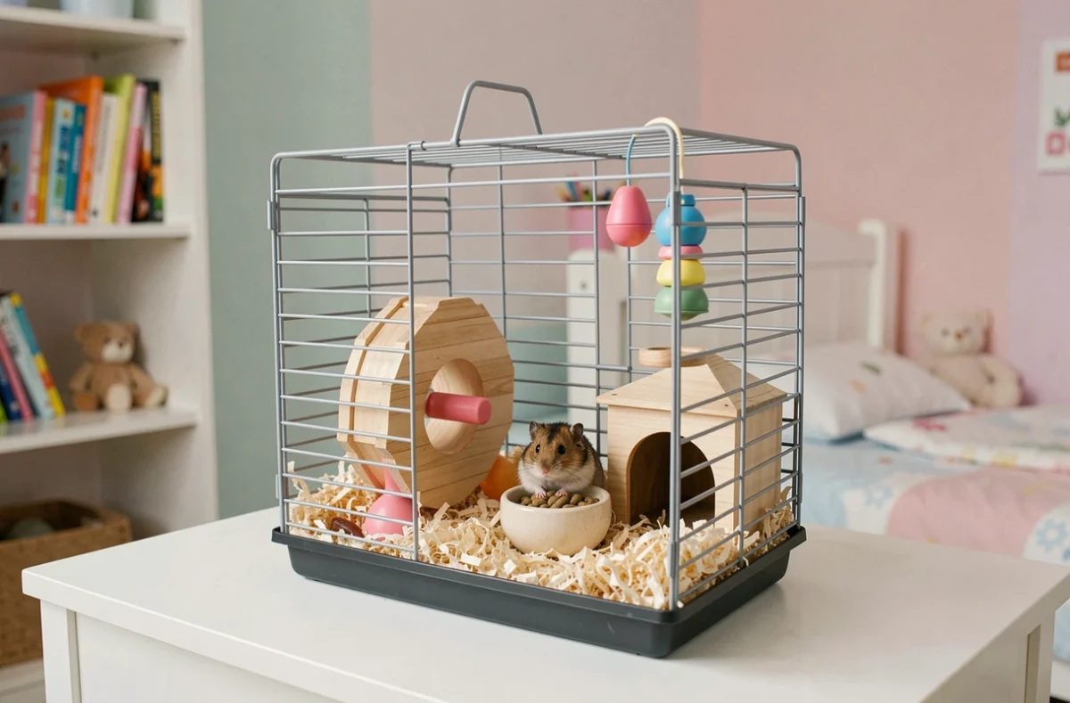 Cage équipée pour hamster russe avec roue, gamelle et cabane en bois sur un bureau d'enfant