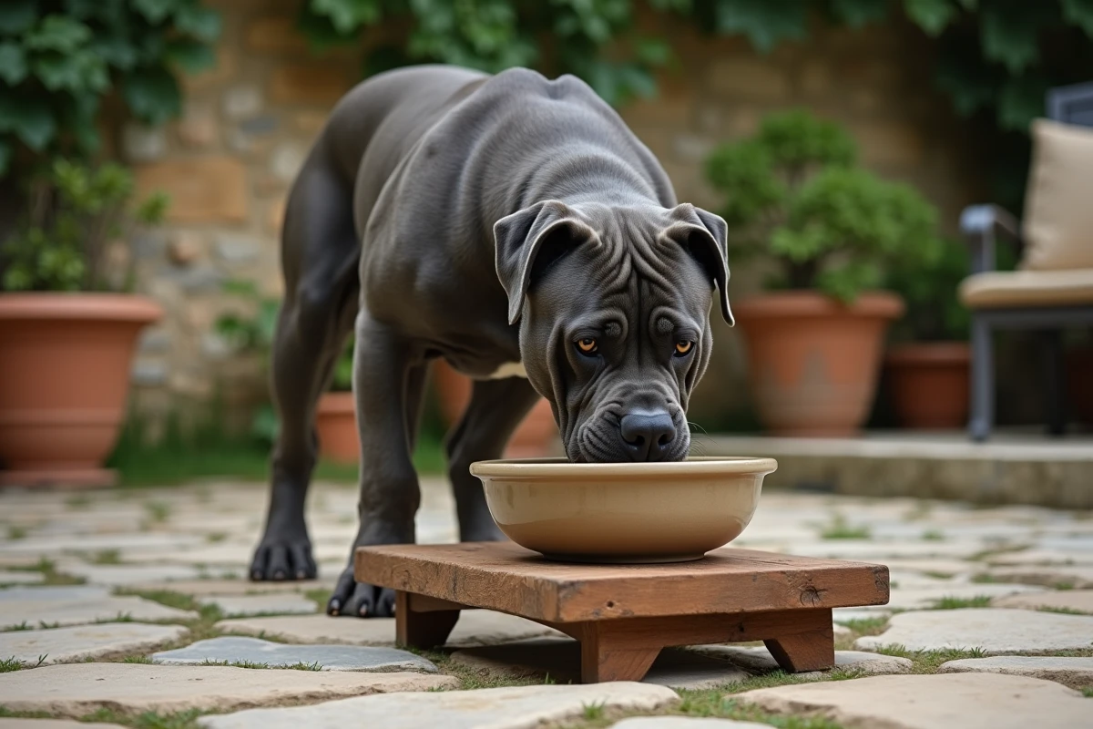 Cane Corso gris mangeant dans un bol surélevé en céramique sur une terrasse en pierre à l'extérieur