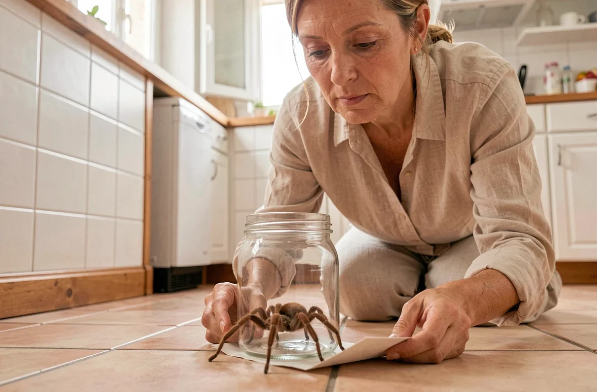 Femme capturant une araignée domestique sous un verre dans une cuisine du sud de la France