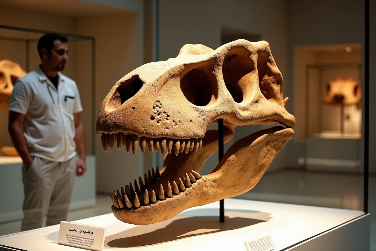 Crâne fossile du Carcharodontosaurus saharicus exposé dans un musée spécialisé avec des étiquettes scientifiques en français et en arabe