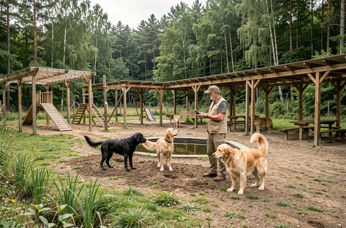 Un formateur supervisant des chiens dans l'espace naturel du Centre du Bien Être Animal à Sonchamp