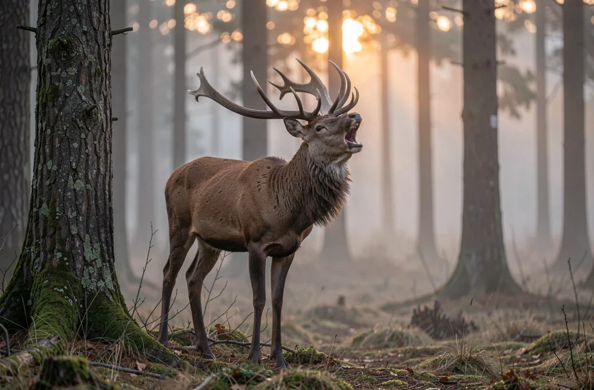 Cerf qui brame à l'orée d'une forêt au crépuscule