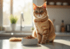 Chat beige assis près de sa gamelle dans la cuisine