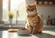 Chat beige assis près de sa gamelle dans la cuisine