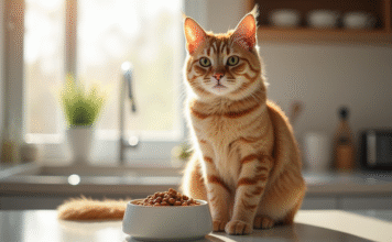 Alimentation spéciale pour chats de couleur beige : mythe ou réalité ? Chat beige assis près de sa gamelle dans la cuisine