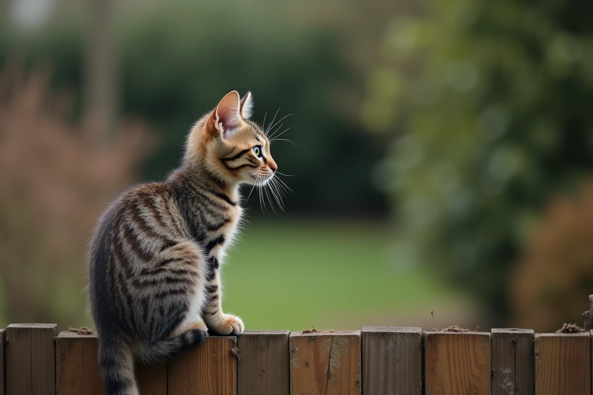 Chat domestique sur une clôture en bois dans un jardin