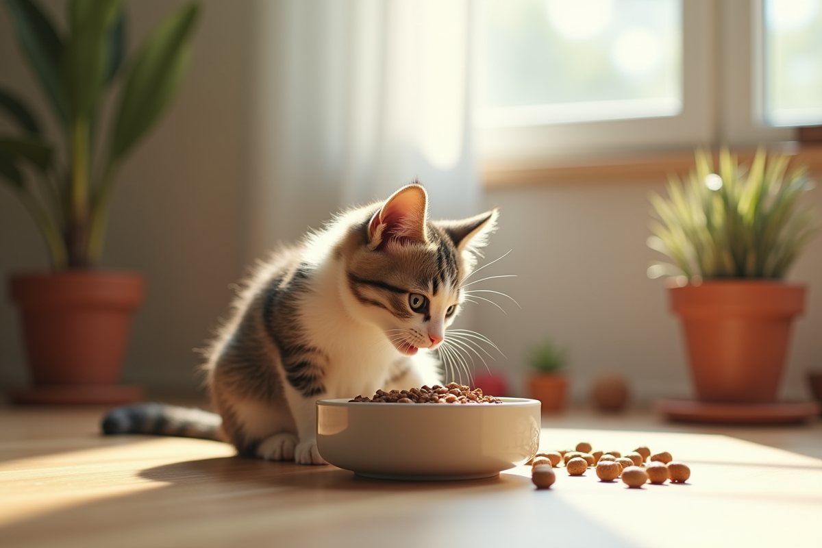 Chat naine mangeant dans une cuisine ensoleillee