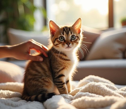 Chat naine sur une couverture dans un salon lumineux