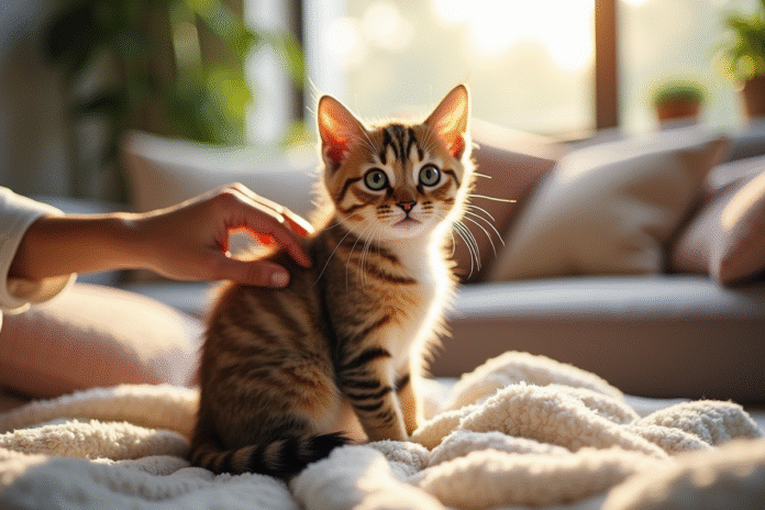 Chat naine sur une couverture dans un salon lumineux