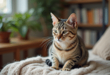 Chat domestique enceinte posant sur un coussin douillet